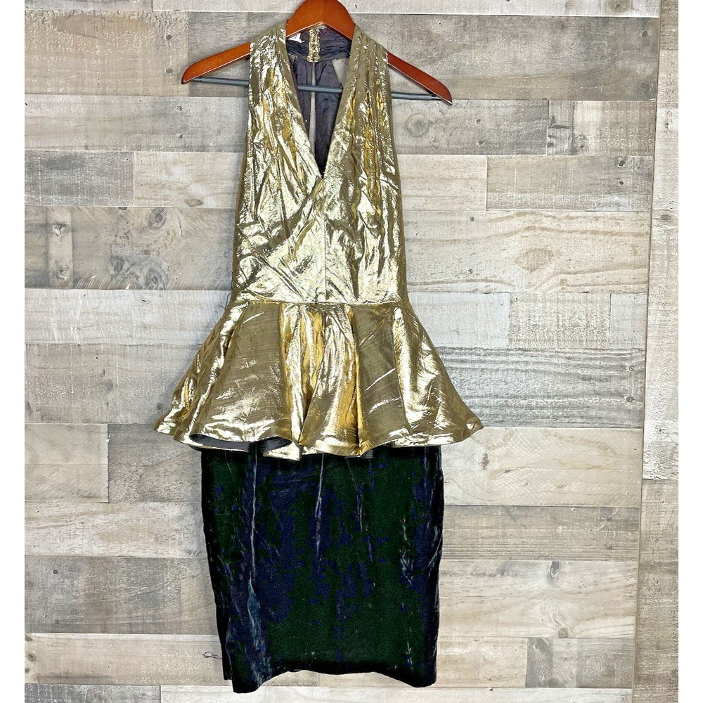 Vtg AJ Bari Black Velvet  & Gold Metallic Tiered Prom Party Cocktail Dress Slit‎